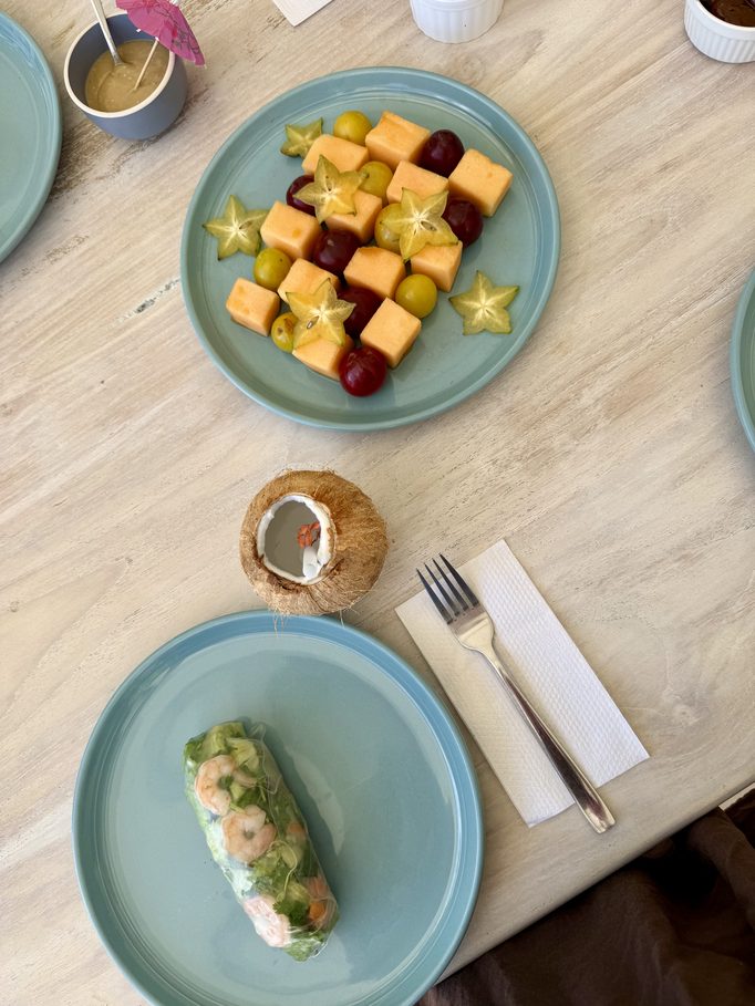fresh fruit and a summer roll at lunch