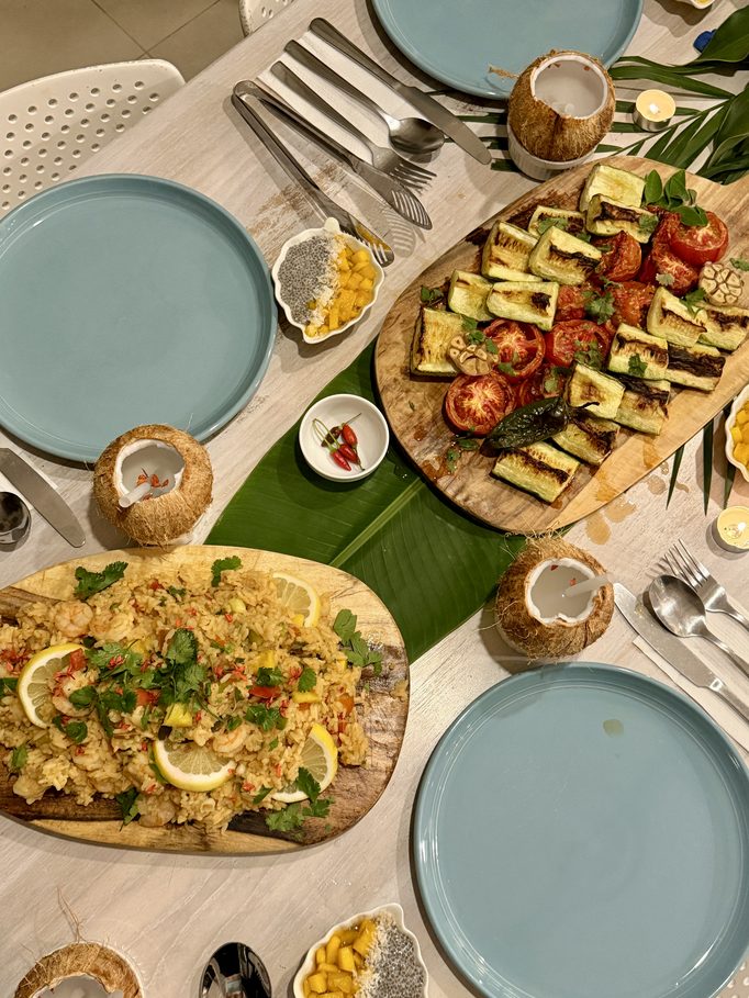 lunch laid out down the middle of the table